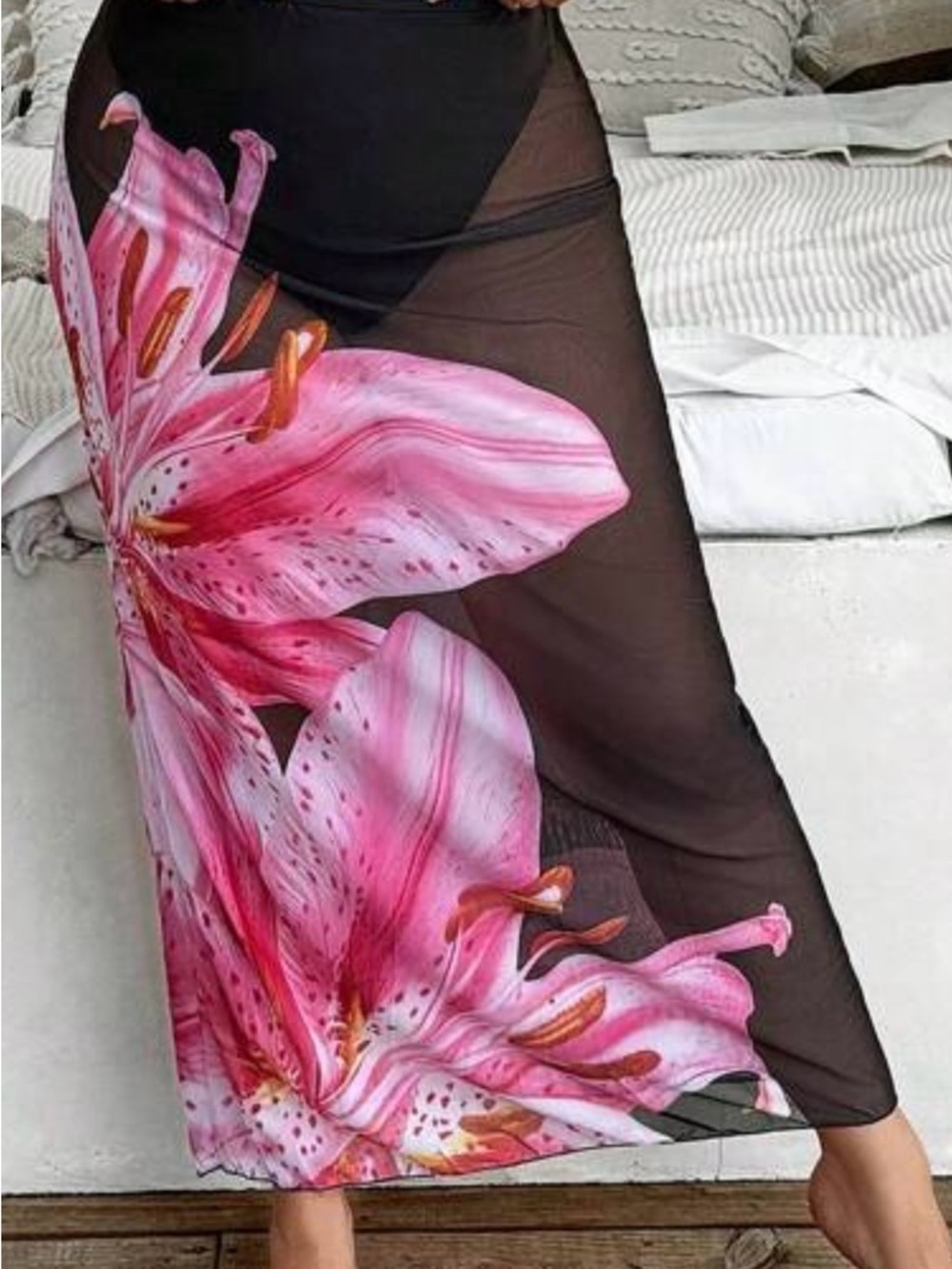 SHEIN Black Sheer Swim Sarong with Pink Floral Lily Print
